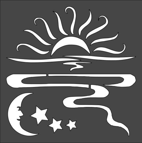 Stencil Sunrise Sun Flare Month Stars, Plastic Reusable, 5.5 x 5.5 inch reusable Mylar wall painting stencil