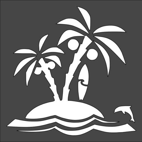 Stencil Isle sea Palm Trees Coconuts Dolphins Surfboard, Plastic Reusable, 5.5 x 5.5 inch reusable Mylar wall painting stencil