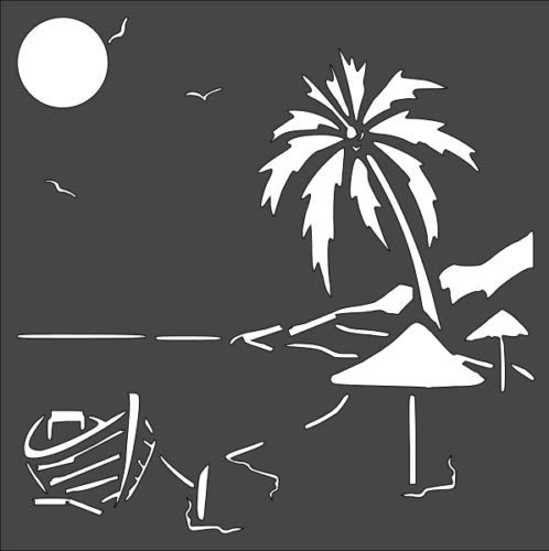 Stencil Beach sea Boat Palm Sun, Plastic Reusable, 8 x 8 inch reusable Mylar wall painting stencil