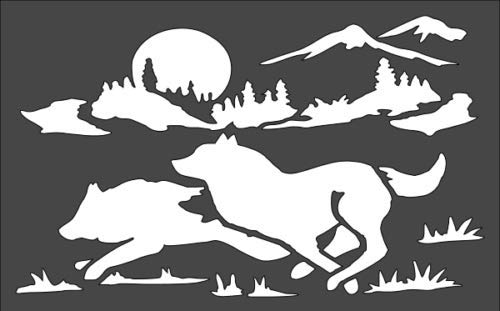 Stencil Wolves Moon Forest The Mountains Grass, Plastic Reusable, 5 x 8 inch reusable Mylar wall painting stencil