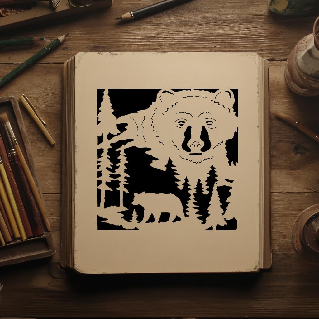 [20Pcs Set] Bear Face Forest Stencil for Painting on Walls, Wood, and Canvas, 8 x 8 Inch stencil photo 4