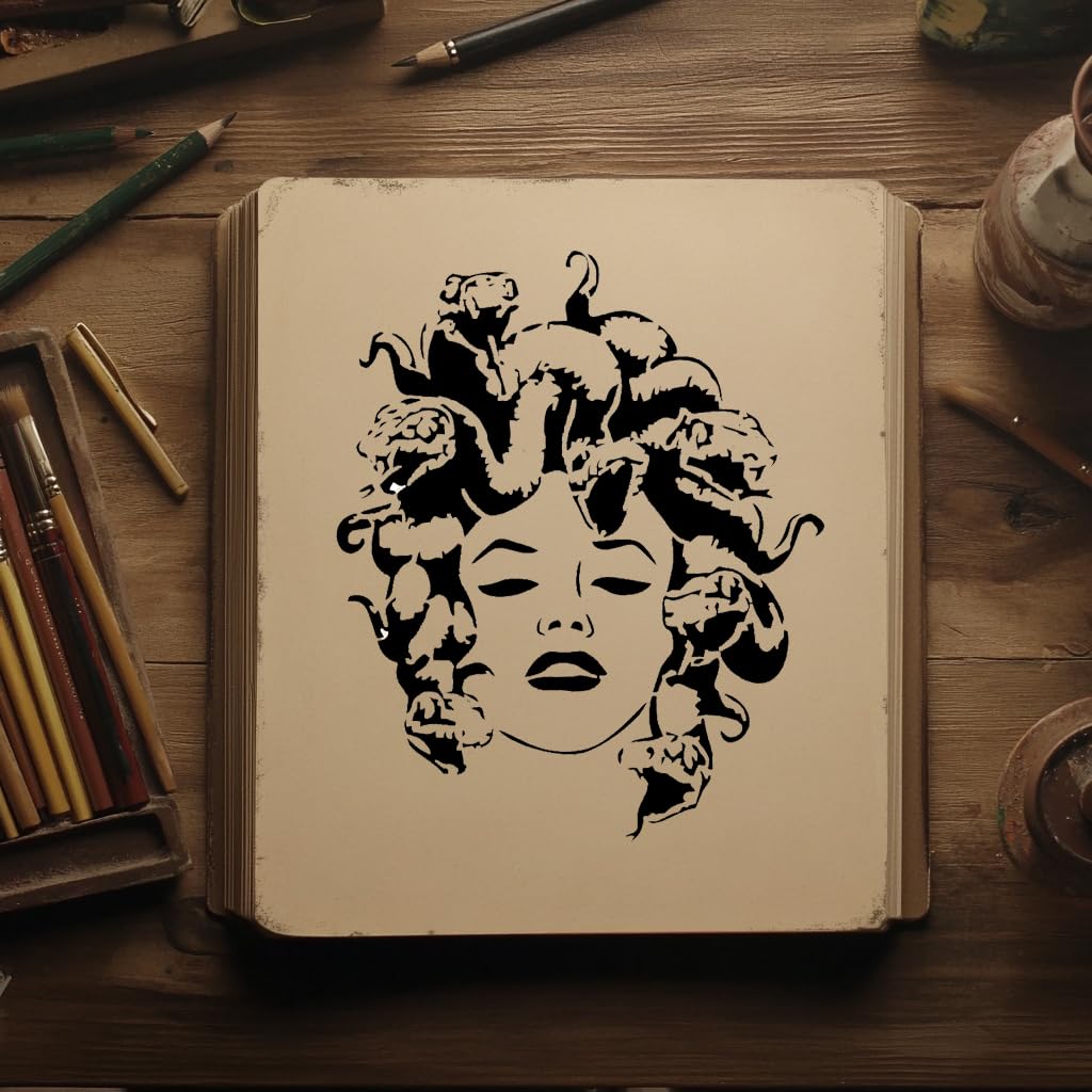 Gorgon Empress Stencil for Painting, Plastic Reusable 11" x 8.5" – Perfect for Mythological Art stencil photo 5