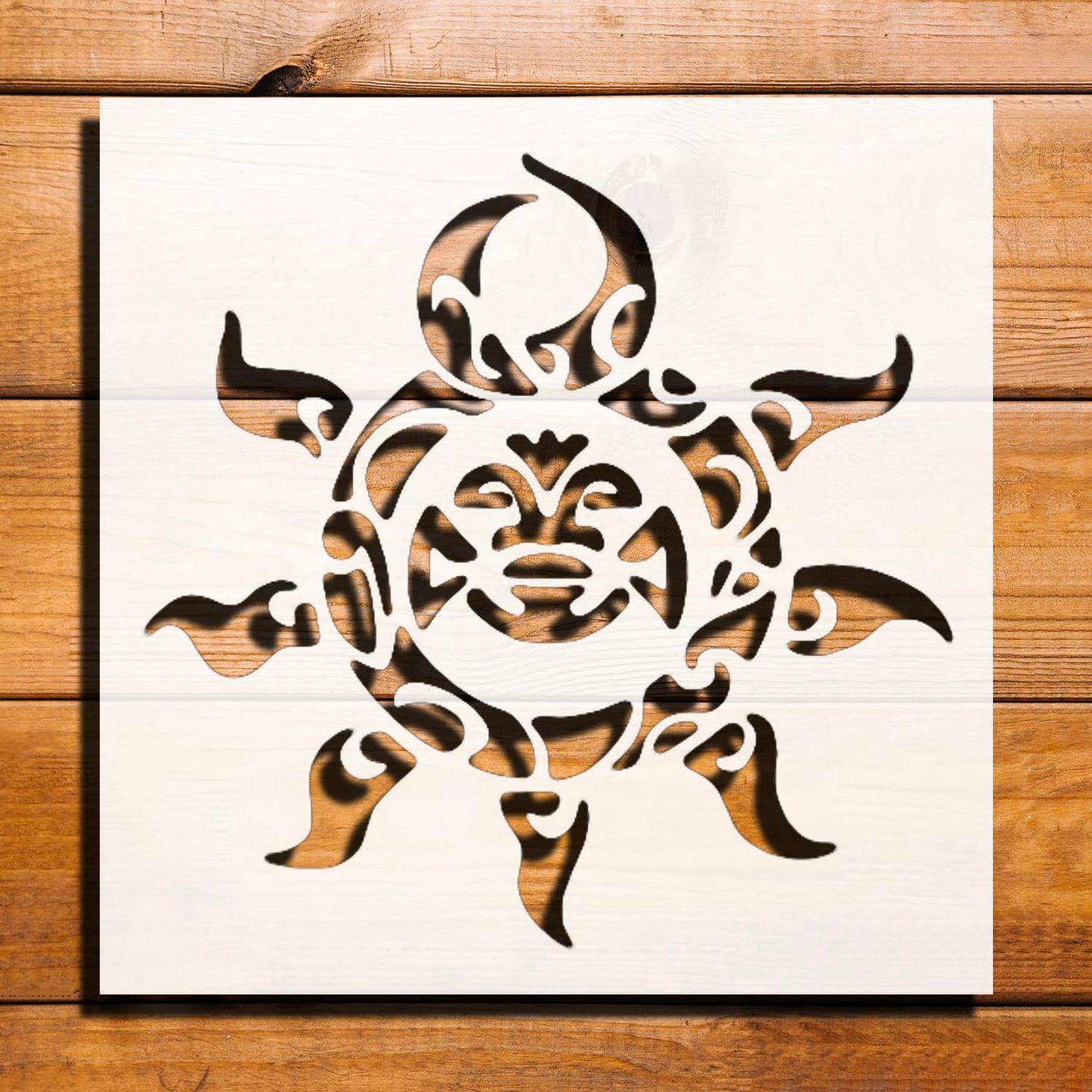 Tiki Sun Design Stencil for Painting - Reusable Plastic 5.5x5.5 Inches - Ideal for Crafts, Home reusable Mylar wall painting stencil
