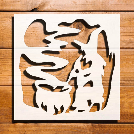 Witch Cooks in a Cauldron Stencil for Painting - Reusable Plastic 5.5"x5.5" - Ideal for Crafts reusable Mylar wall painting stencil