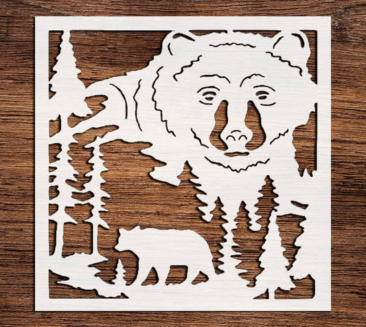 Stencil Bear Head of a Bear Forest Spruce, Plastic Reusable, 5.5 x 5.5 inch reusable Mylar wall painting stencil