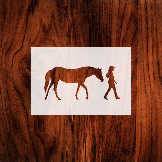 Cowgirl with Horse Stencil, Reusable Plastic Template, 5x10 Inch, Durable for Western Themed reusable Mylar wall painting stencil