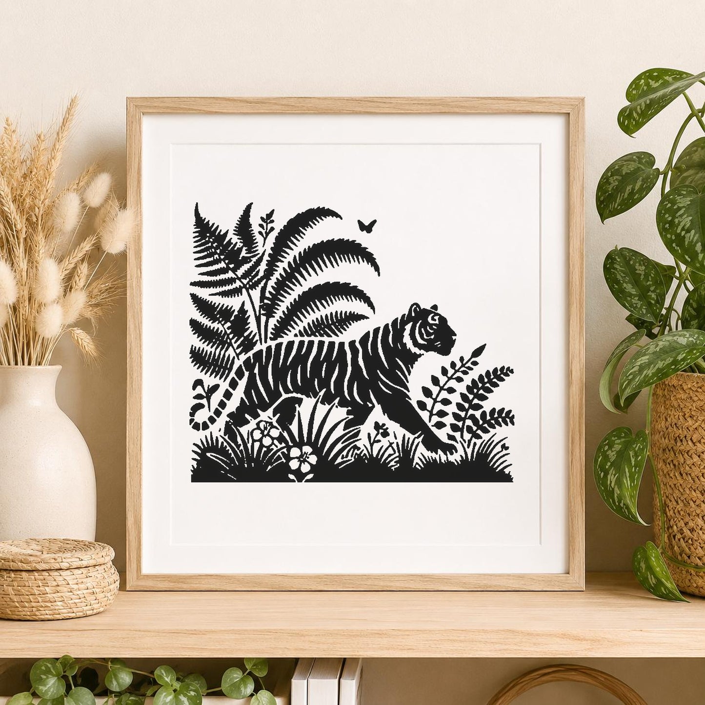 Tiger Walking Among Ferns And Plants stencil photo 2