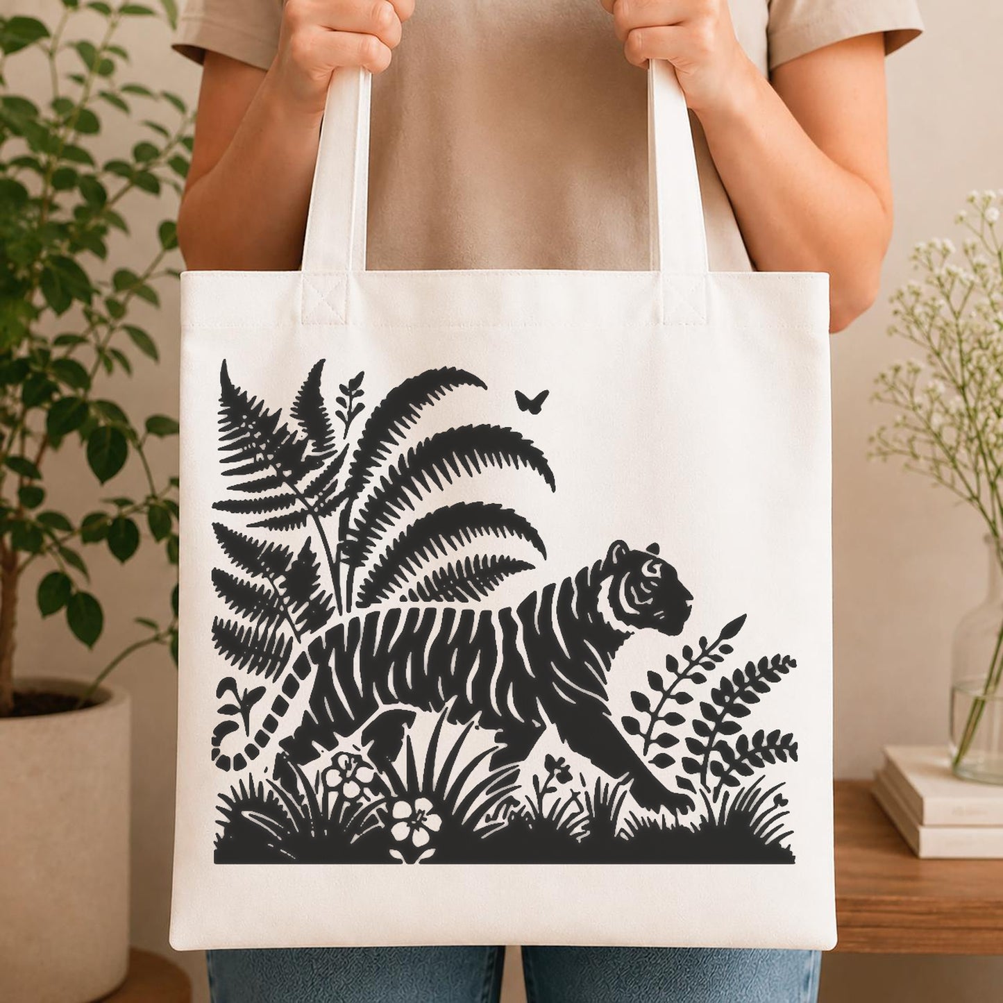 Tiger Walking Among Ferns And Plants stencil photo 4