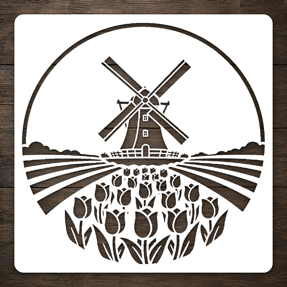 Dutch Windmill and Tulip Fields Circular Badge-Style Reusable Stencil for DIY Crafts Template