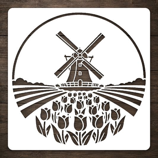 Dutch Windmill and Tulip Fields Circular Badge-Style Reusable Stencil for DIY Crafts Template