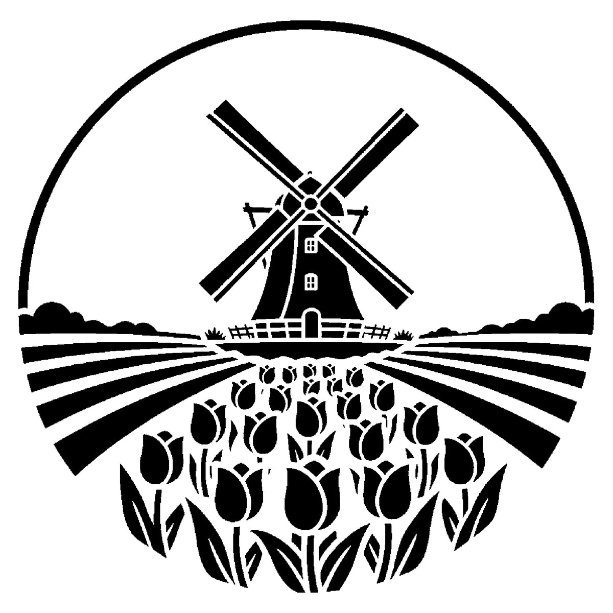 Dutch Windmill and Tulip Fields Circular Badge-Style Reusable Stencil for DIY Crafts Template