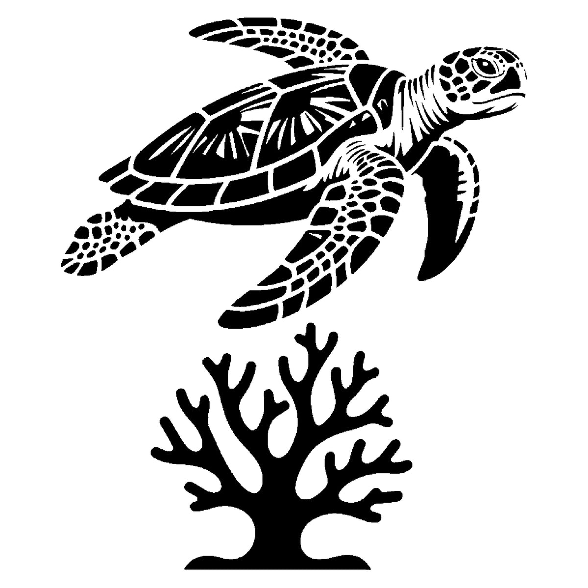 Sea Turtle Swimming Above Coral Minimal Stencil for Art and DIY Home Decor Template