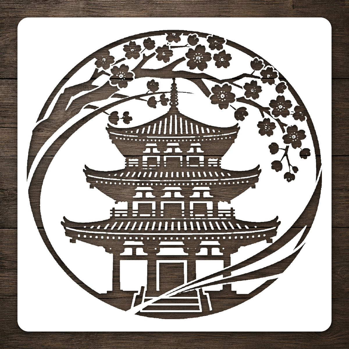 Japanese Pagoda Cherry Blossom Circular Badge Stencil for Art & DIY Crafts Template