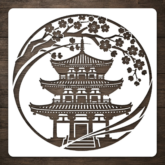 Japanese Pagoda Cherry Blossom Circular Badge Stencil for Art & DIY Crafts Template