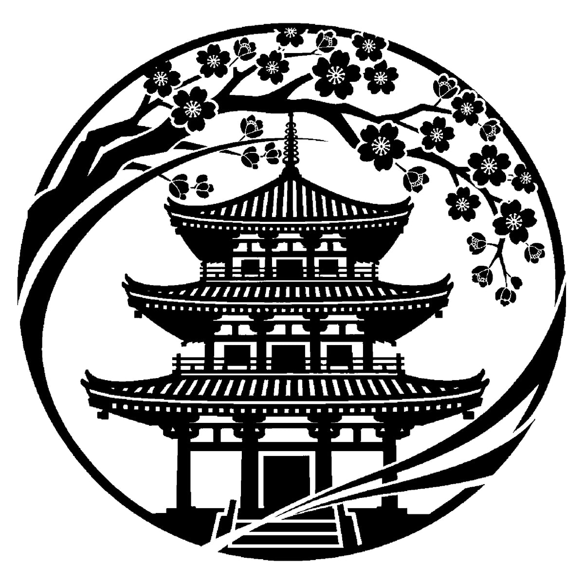 Japanese Pagoda Cherry Blossom Circular Badge Stencil for Art & DIY Crafts Template
