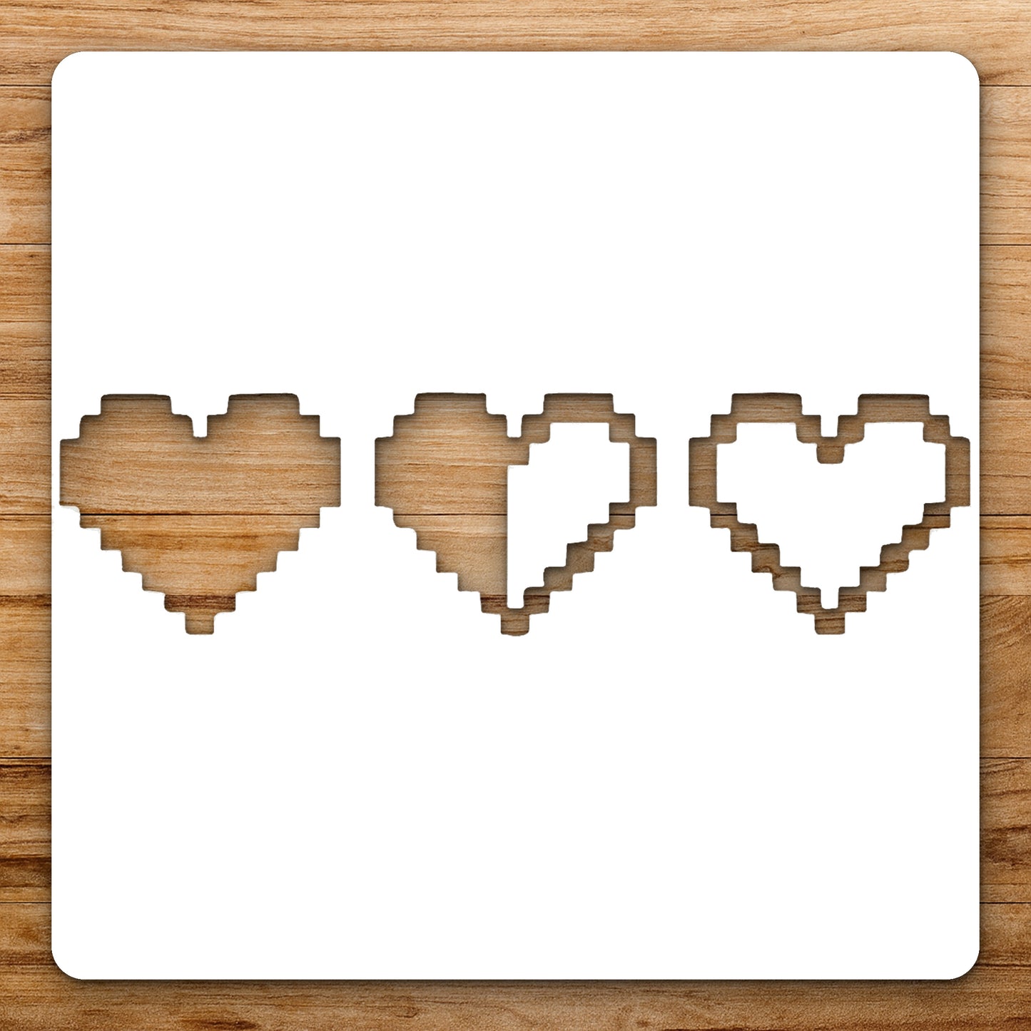 Three Pixelated Hearts In Varying reusable Mylar wall painting stencil