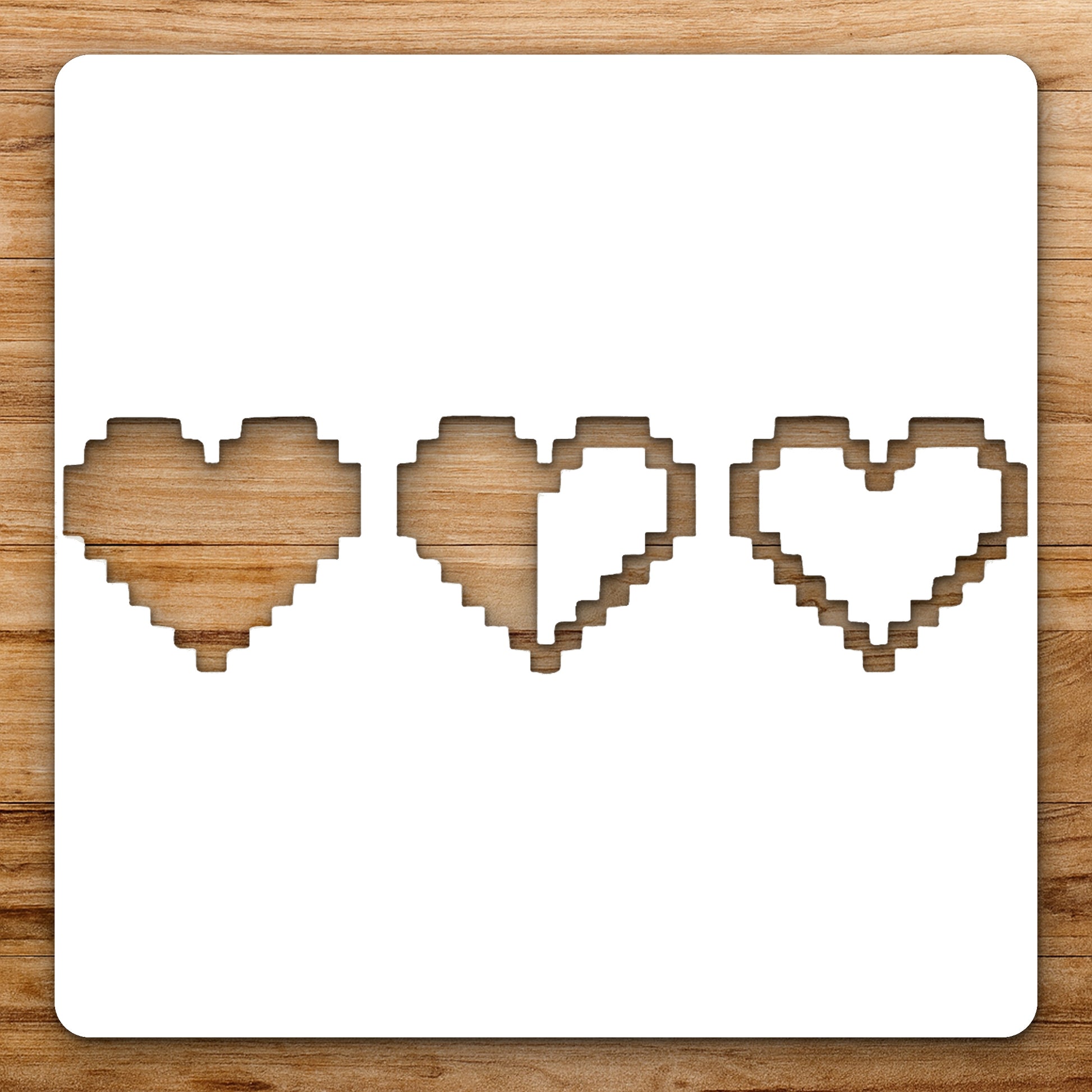 Three Pixelated Hearts In Varying reusable Mylar wall painting stencil