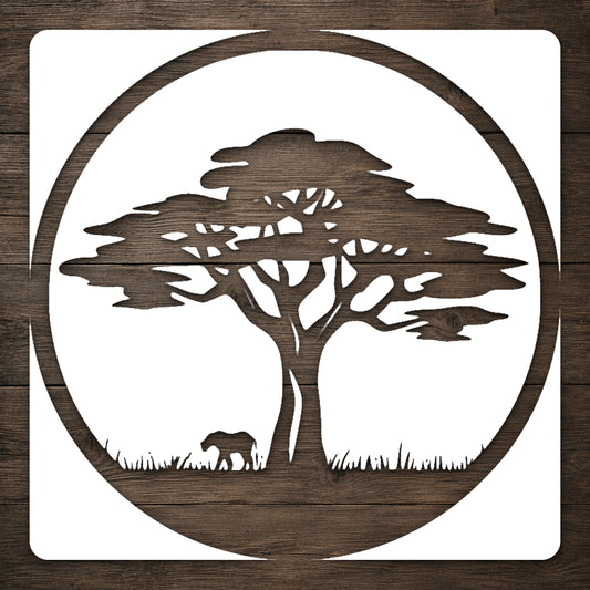 Acacia Tree with Elephant Stencil for Art, Home Decor, DIY Crafts, Unique Gifts Template