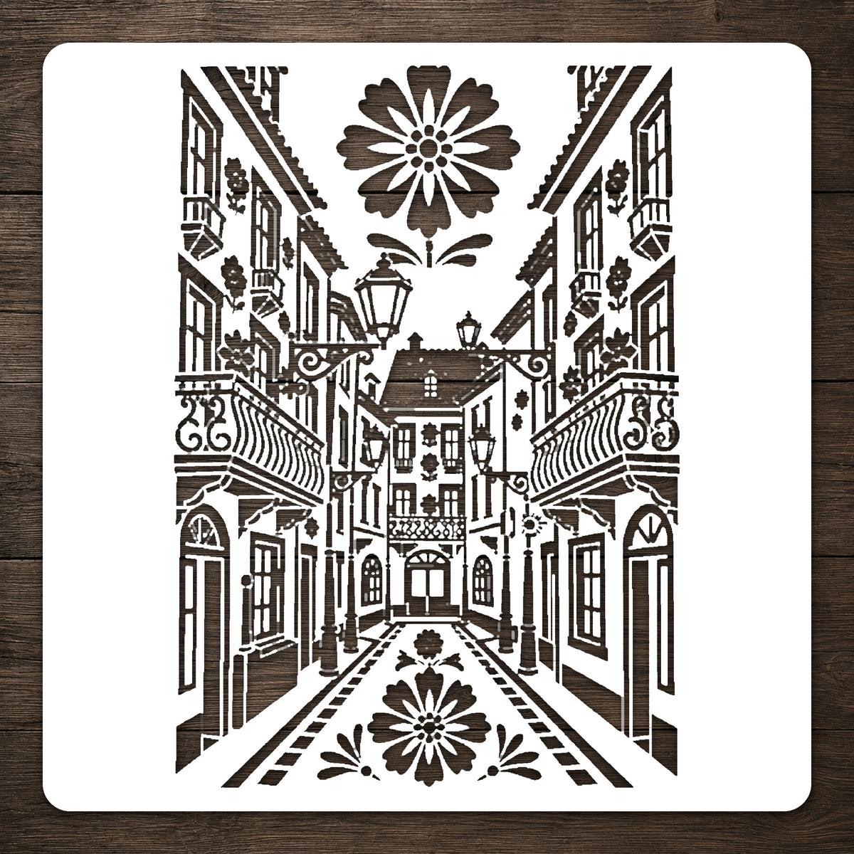 Old European Street Stencil with Lamps and Balconies for Art and DIY Crafts Template
