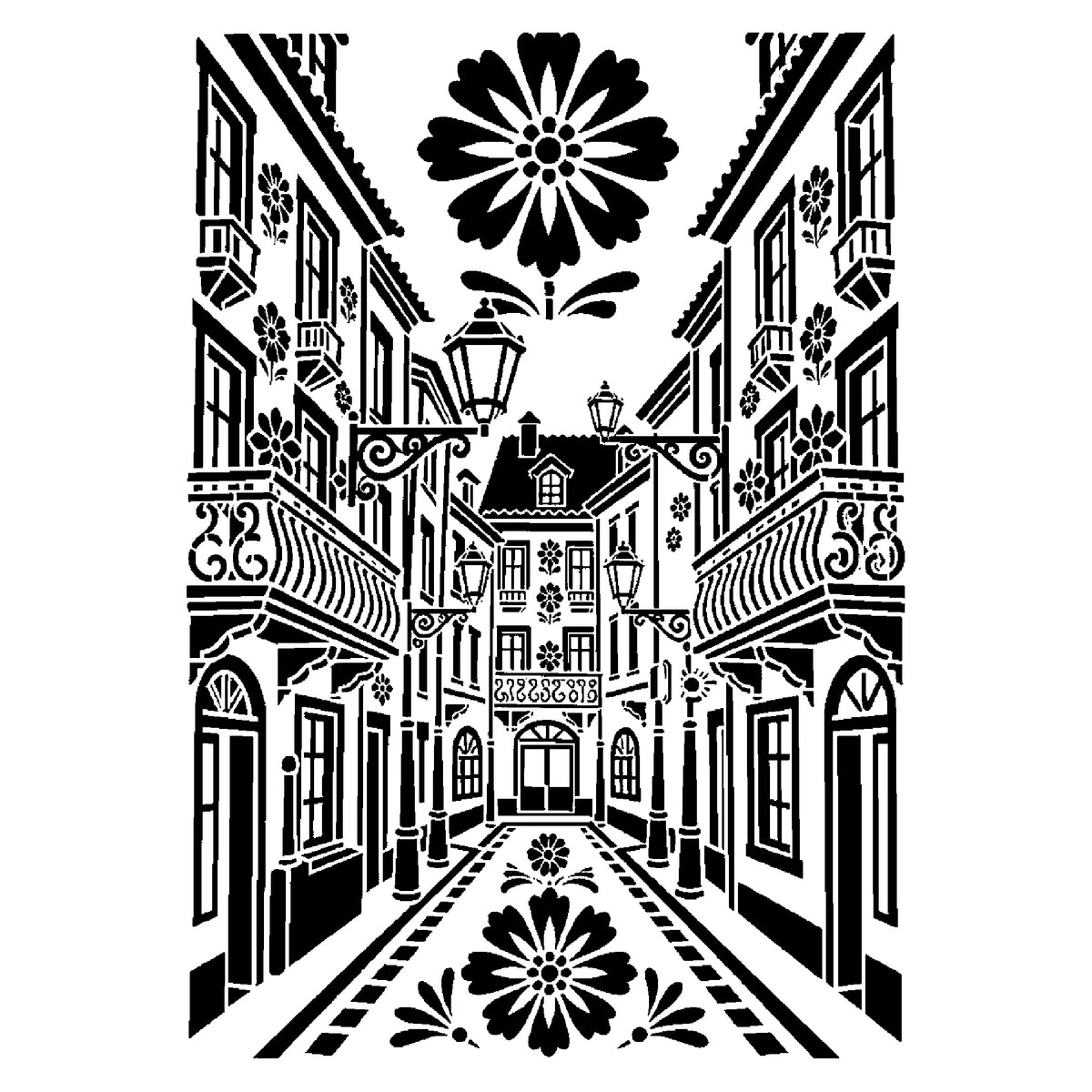 Old European Street Stencil with Lamps and Balconies for Art and DIY Crafts Template
