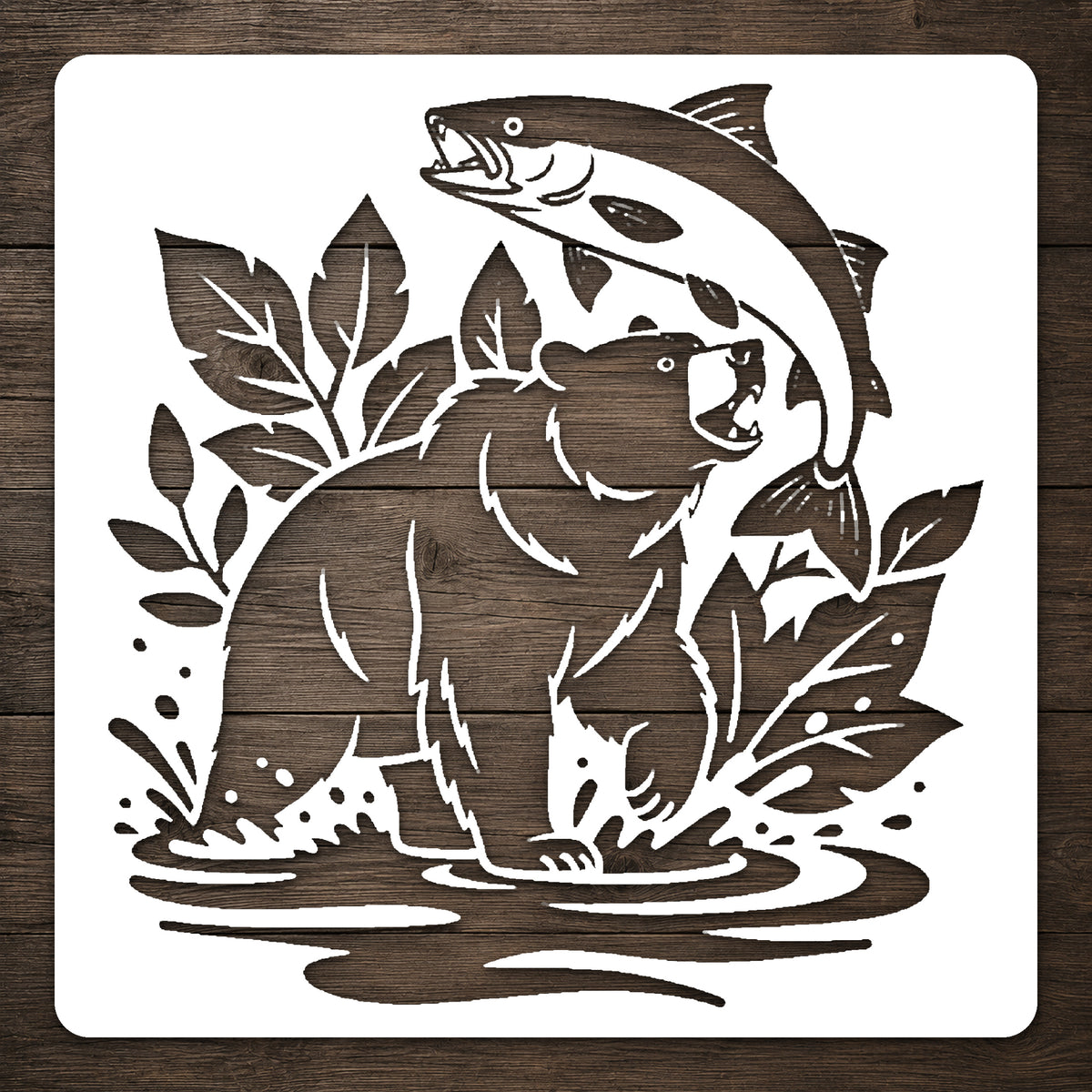 Brown Bear Catching Salmon Stencil for DIY Art and Home Decor Template
