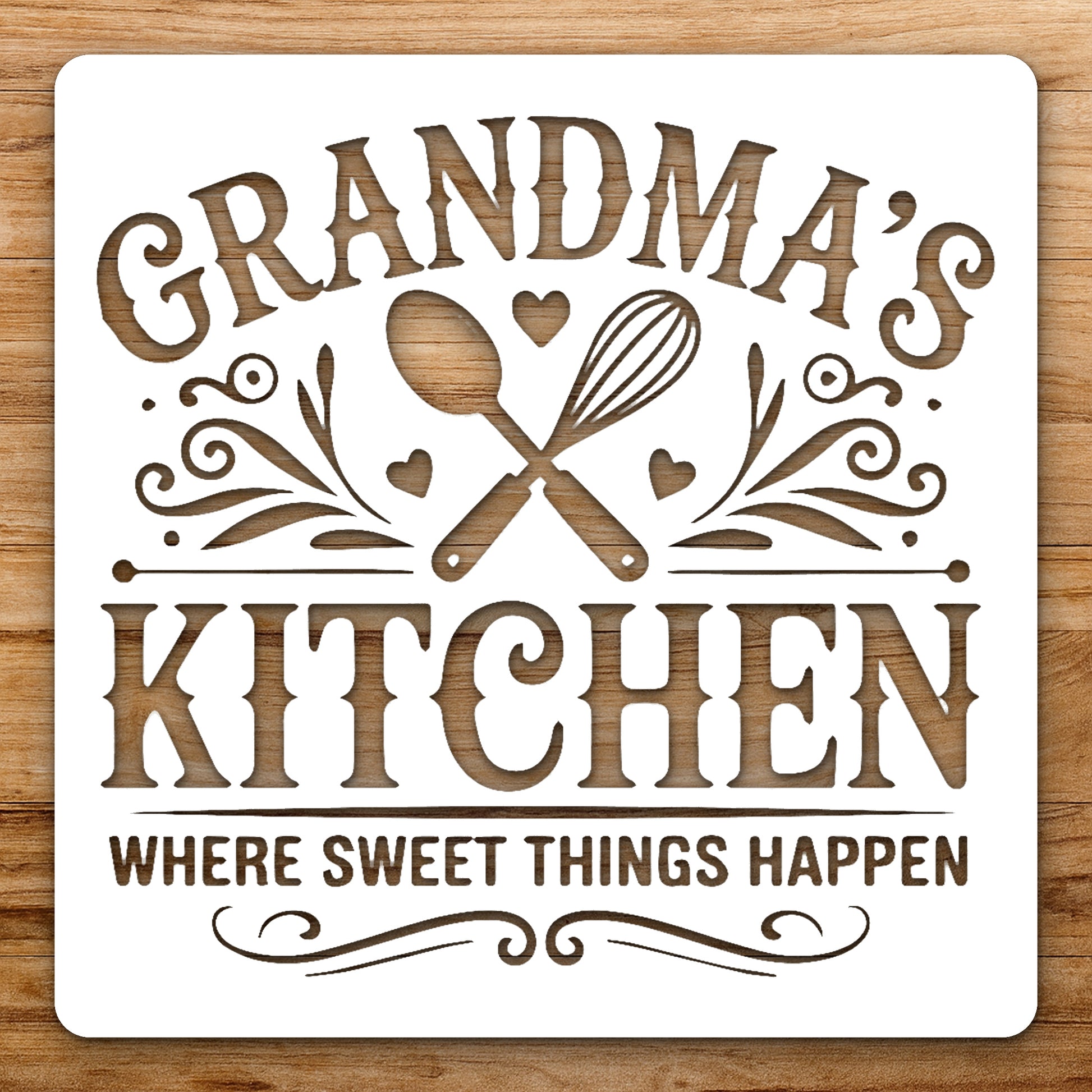 Displaying Grandma Kitchen With Two Utensils reusable Mylar wall painting stencil