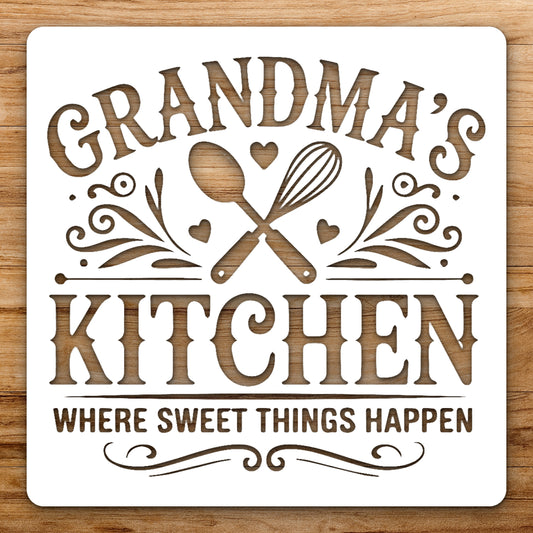 Displaying Grandma Kitchen With Two Utensils reusable Mylar wall painting stencil