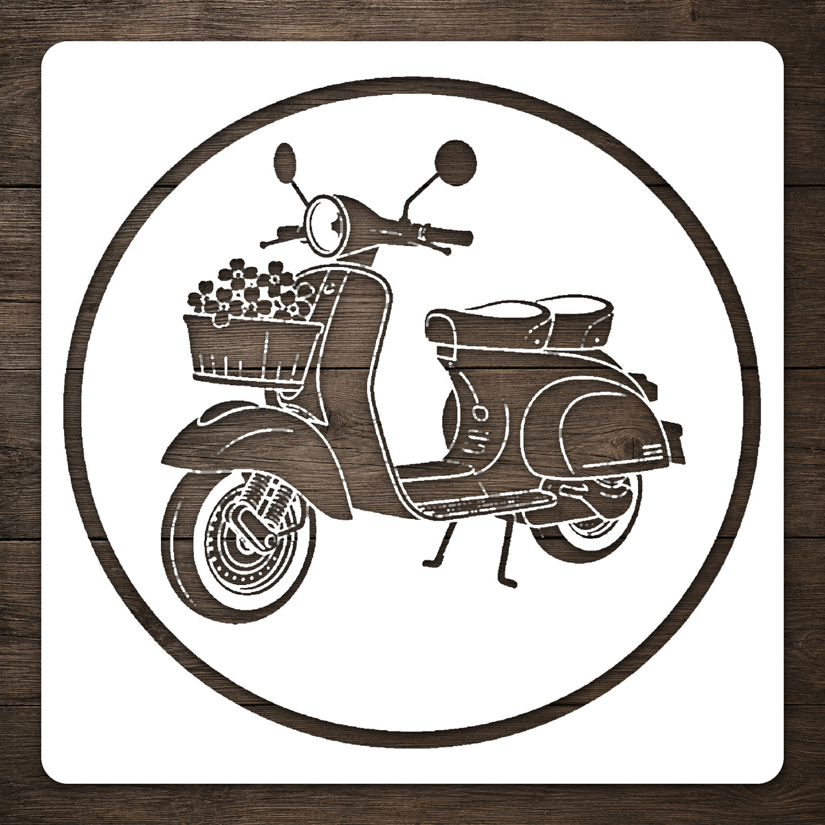 Retro Scooter Stencil with Flower Basket for DIY Crafts and Home Decor Template
