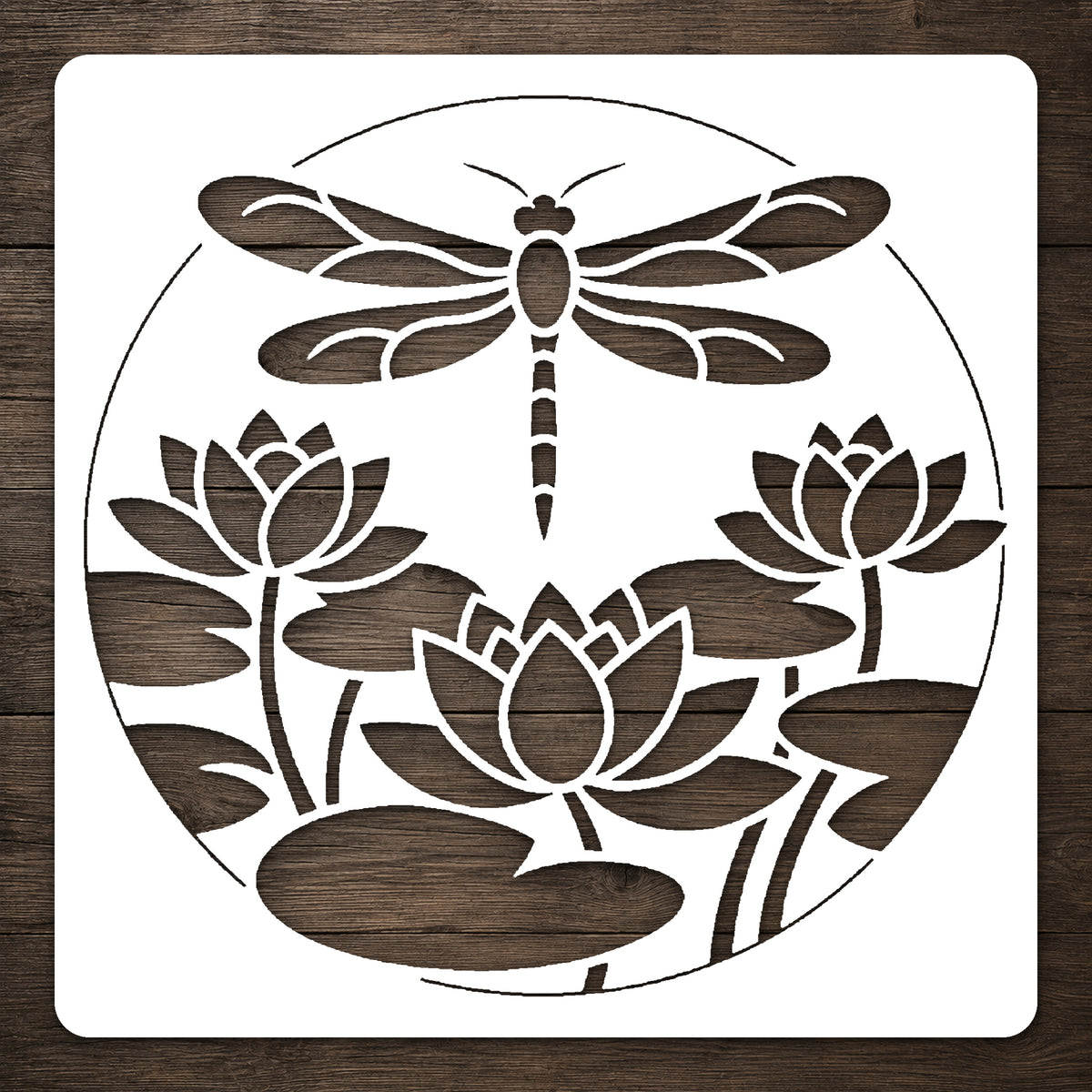 Dragonfly Above Water Lilies Circular Badge Stencil for Art & DIY Crafts Template