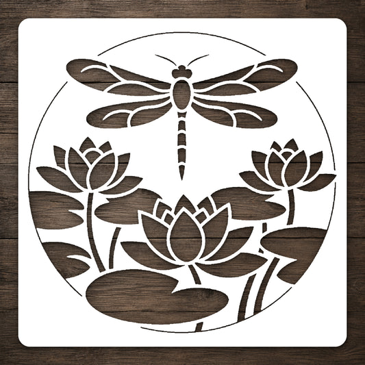 Dragonfly Above Water Lilies Circular Badge Stencil for Art & DIY Crafts Template