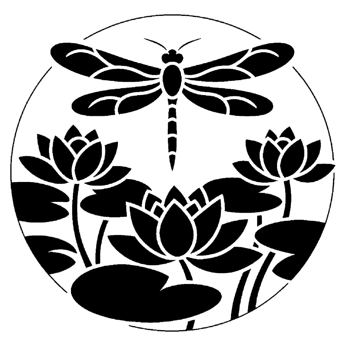 Dragonfly Above Water Lilies Circular Badge Stencil for Art & DIY Crafts Template