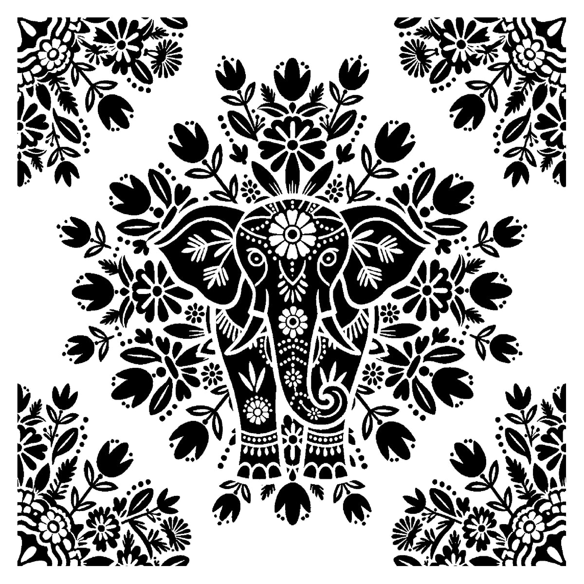 Ornate Indian Elephant Front View Stencil for Home Decor and DIY Crafts Template