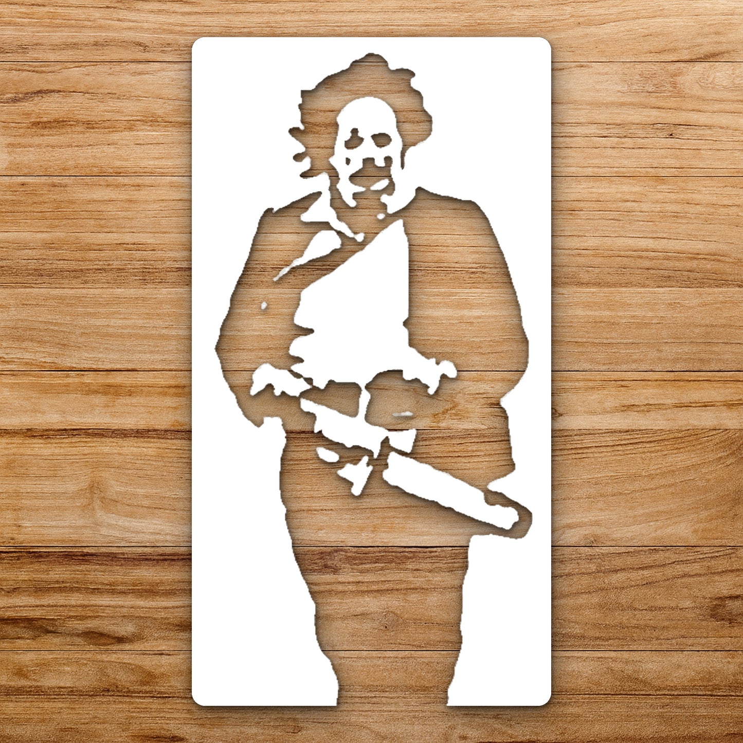 Person Running Holding Chainsaw With Unkempt reusable Mylar wall painting stencil