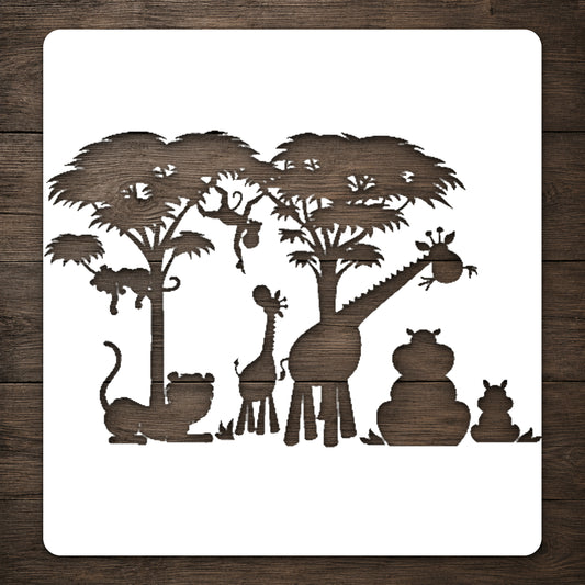 Wildlife Scene Stencil with Giraffe and Lion for Art, Home Decor, and DIY Crafts Template