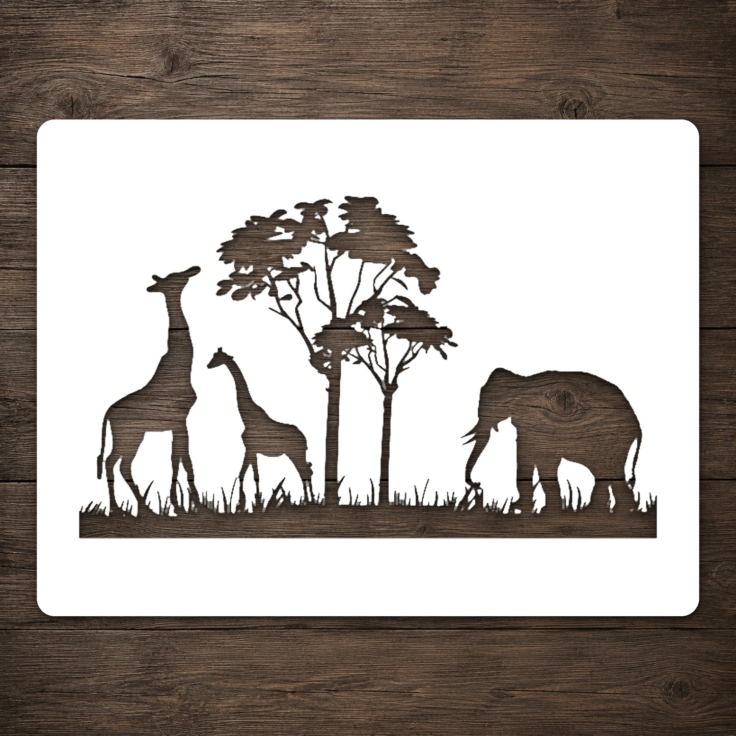 Giraffes and Elephant Near Trees Reusable Mylar Stencil for Art and DIY Crafts Template