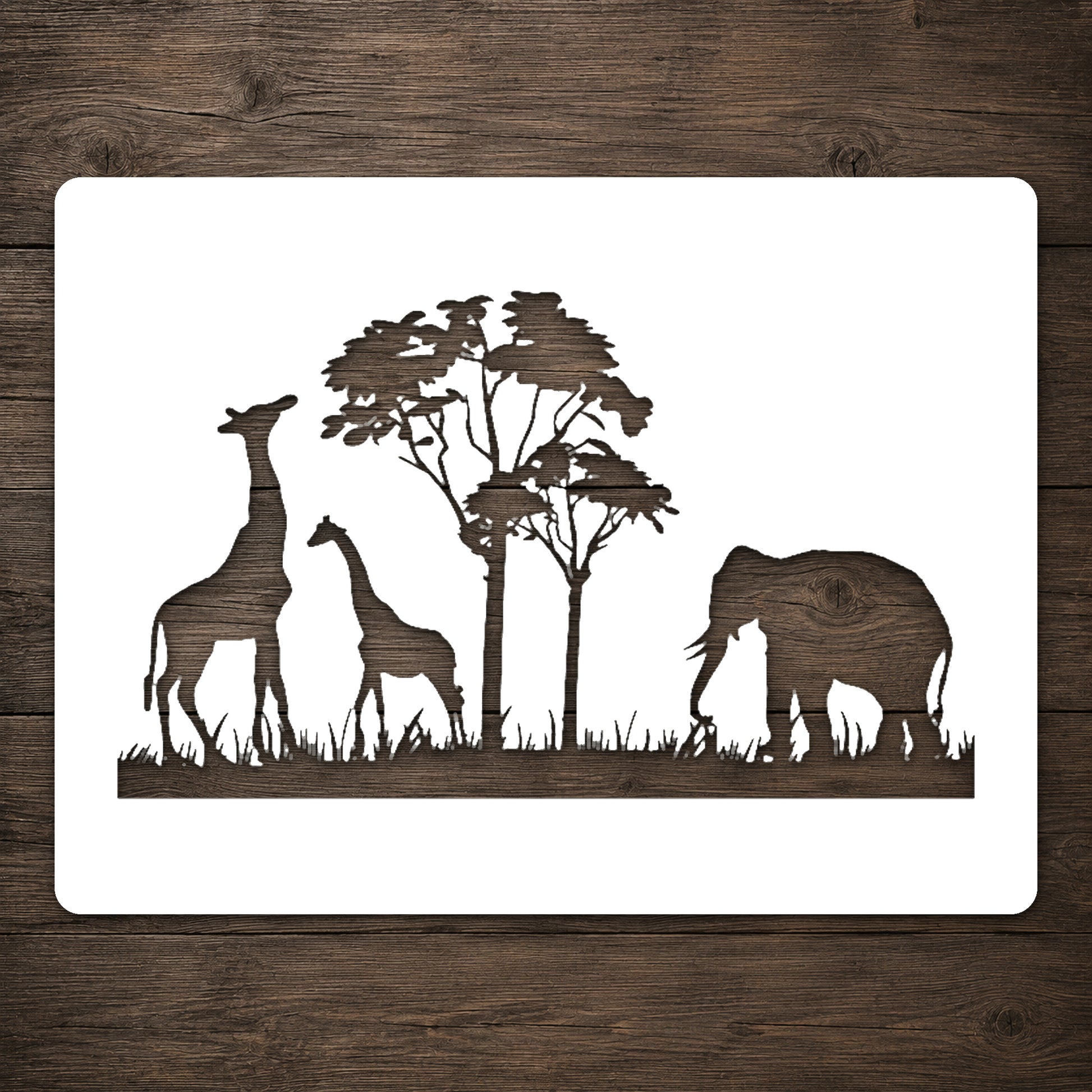 Giraffes and Elephant Near Trees Reusable Mylar Stencil for Art and DIY Crafts Template