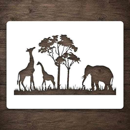 Giraffes and Elephant Near Trees Reusable Mylar Stencil for Art and DIY Crafts Template