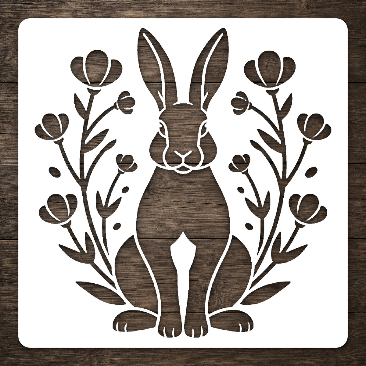 Rabbit Sitting Beneath Flowering Meadow Plants Stencil for Art and DIY Crafts Template