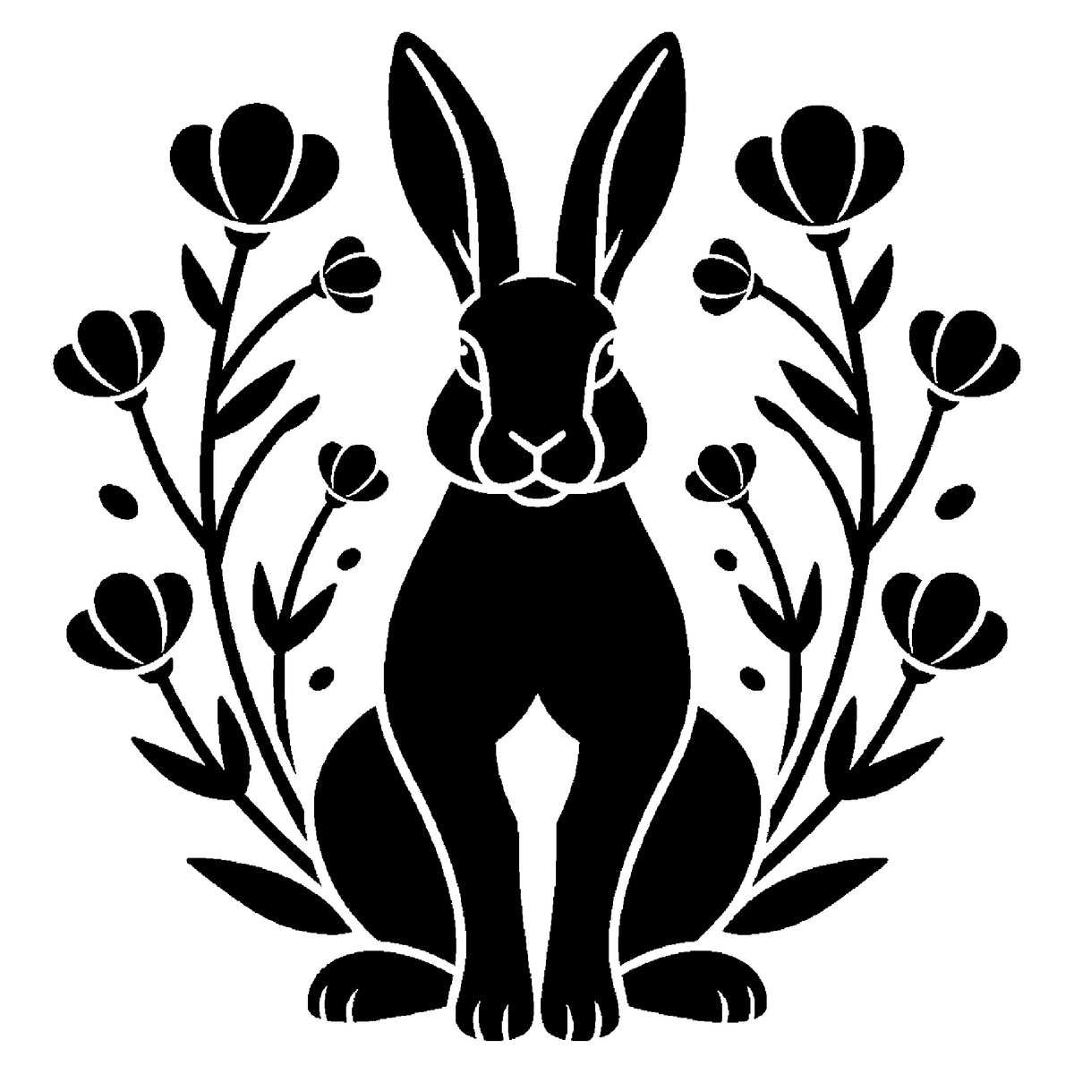 Rabbit Sitting Beneath Flowering Meadow Plants Stencil for Art and DIY Crafts Template