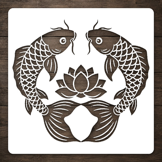 Koi Fish Pair Stencil with Lotus Blossoms for Art and DIY Crafts Template