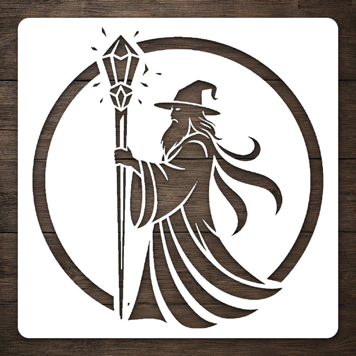 Wizard Holding Crystal Staff Circular Badge Stencil for Art, Home Decor, DIY Crafts Template