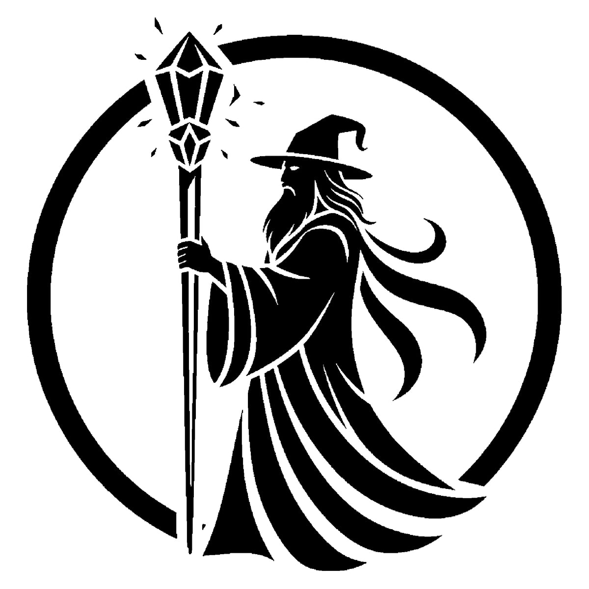 Wizard Holding Crystal Staff Circular Badge Stencil for Art, Home Decor, DIY Crafts Template