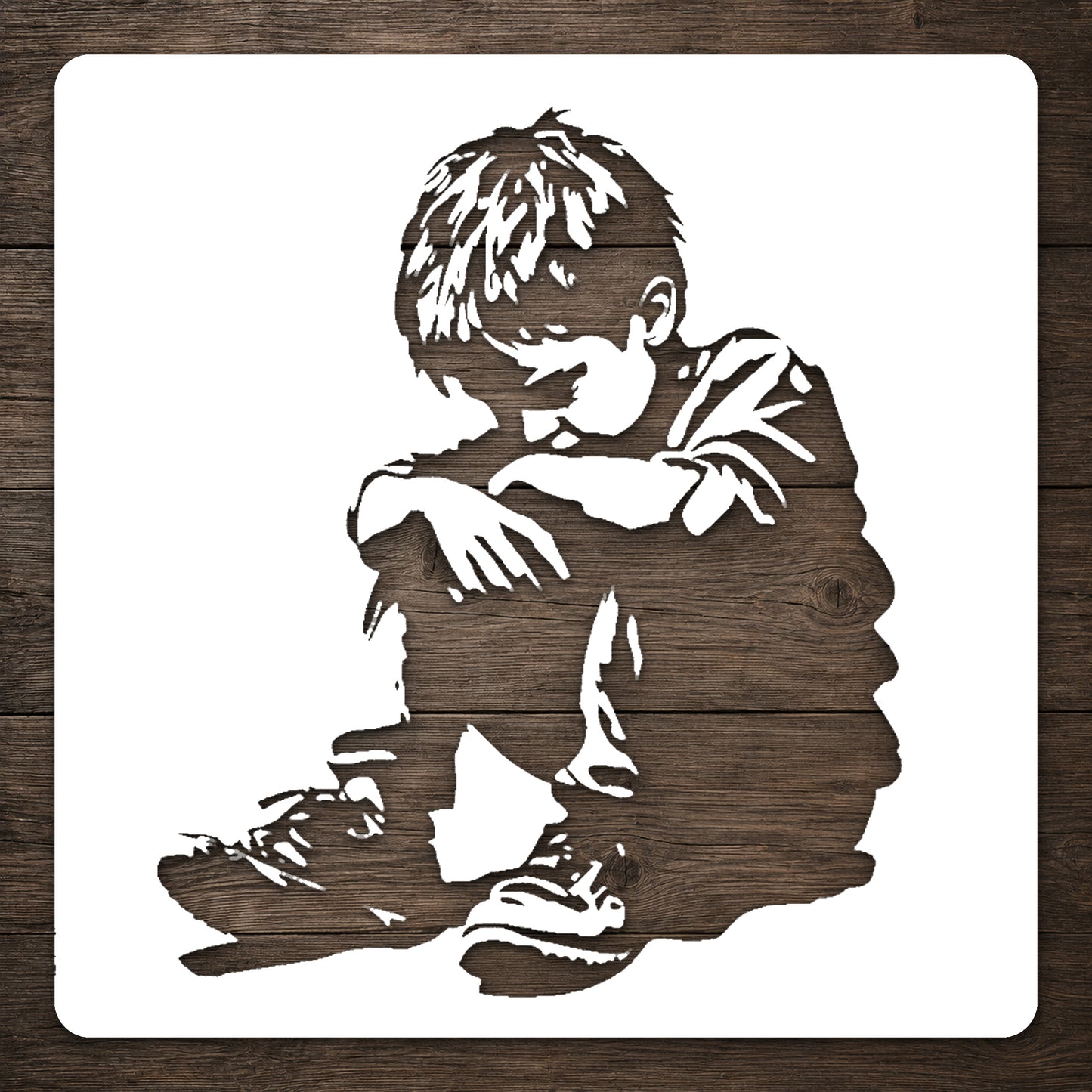Sad Boy Sitting with Head Down Reusable Mylar Stencil for Art and DIY Crafts Template
