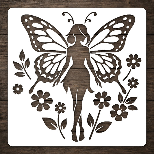 Forest Fairy Stencil with Butterfly Wings and Flowers for Art and DIY Crafts Template