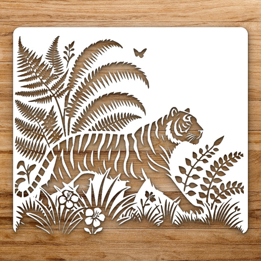 Tiger Walking Among Ferns And Plants reusable Mylar wall painting stencil