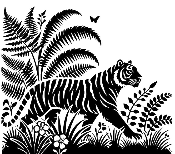 Tiger Walking Among Ferns And Plants stencil photo 7