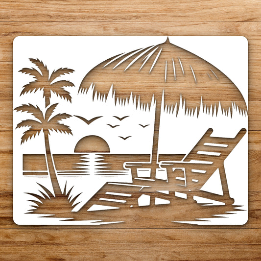 Lounge Chair Under Umbrella Palm Trees reusable Mylar wall painting stencil