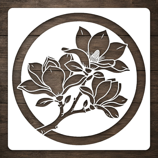 Magnolia Branch Stencil with Three Open Flowers for Art and DIY Home Decor Template