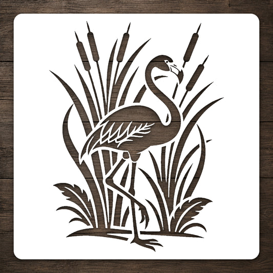 Flamingo Standing Among Tropical Reeds Stencil for Art & Home Decor Template