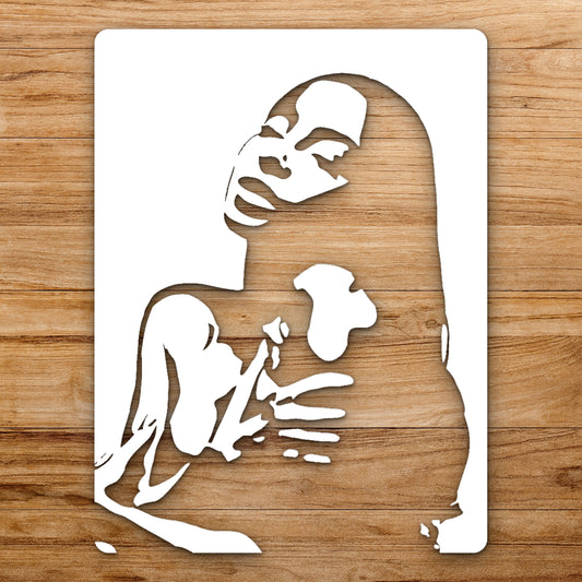 Woman With Long Hair Holding Her reusable Mylar wall painting stencil